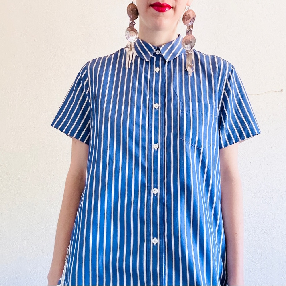 SACAI Blue Cotton Poplin Stripe Parachute Short Sleeve Collared Shirt Dress - Picture 5 of 11